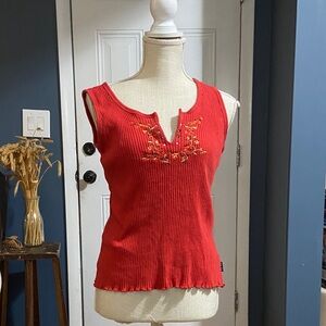 Route 66 Red Ribbed Embroidered Tank Top